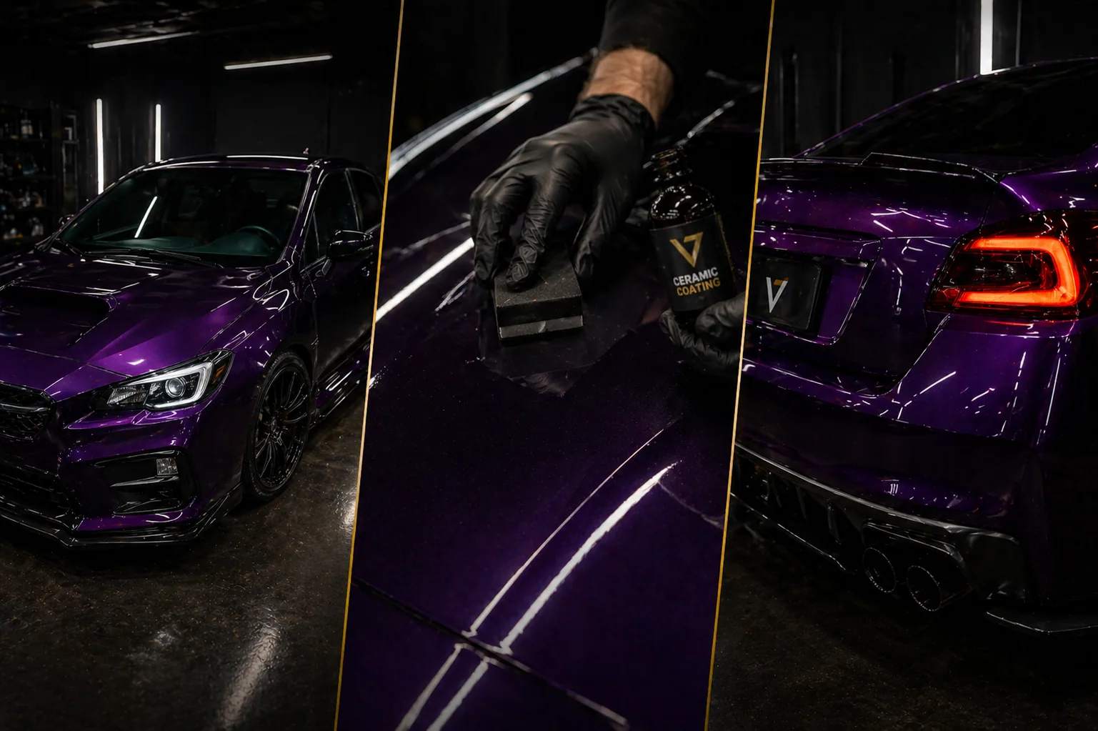 Three-panel collage showing a purple performance sedan and ceramic coating being applied to the paint